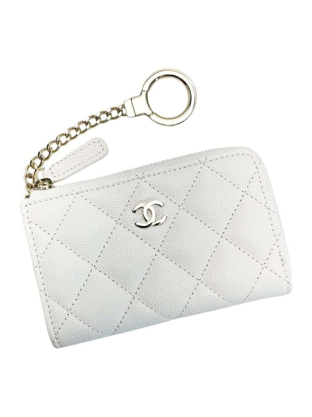 Chanel Quilted White CC Logo Coin Purse Key Case Caviar Leather Gold